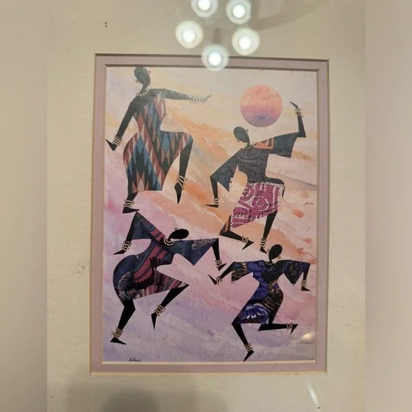 Vintage Edward Halessie Framed Lithograph Celebration Print 17x15 Africa Art